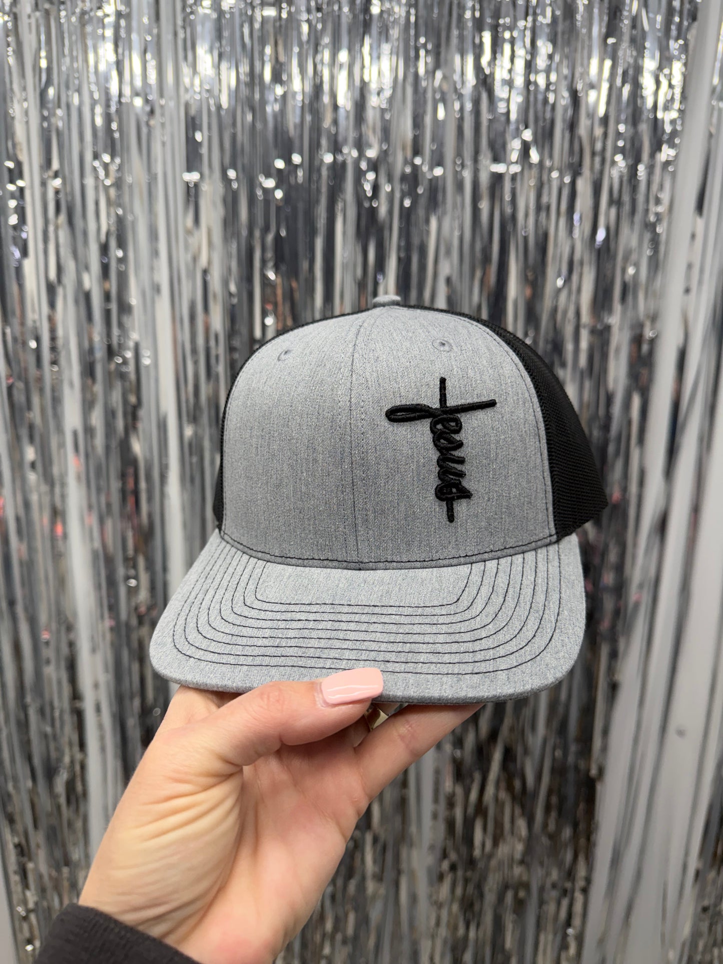Heather Grey with Black Jesus 3D puff - EMBROIDERED HAT