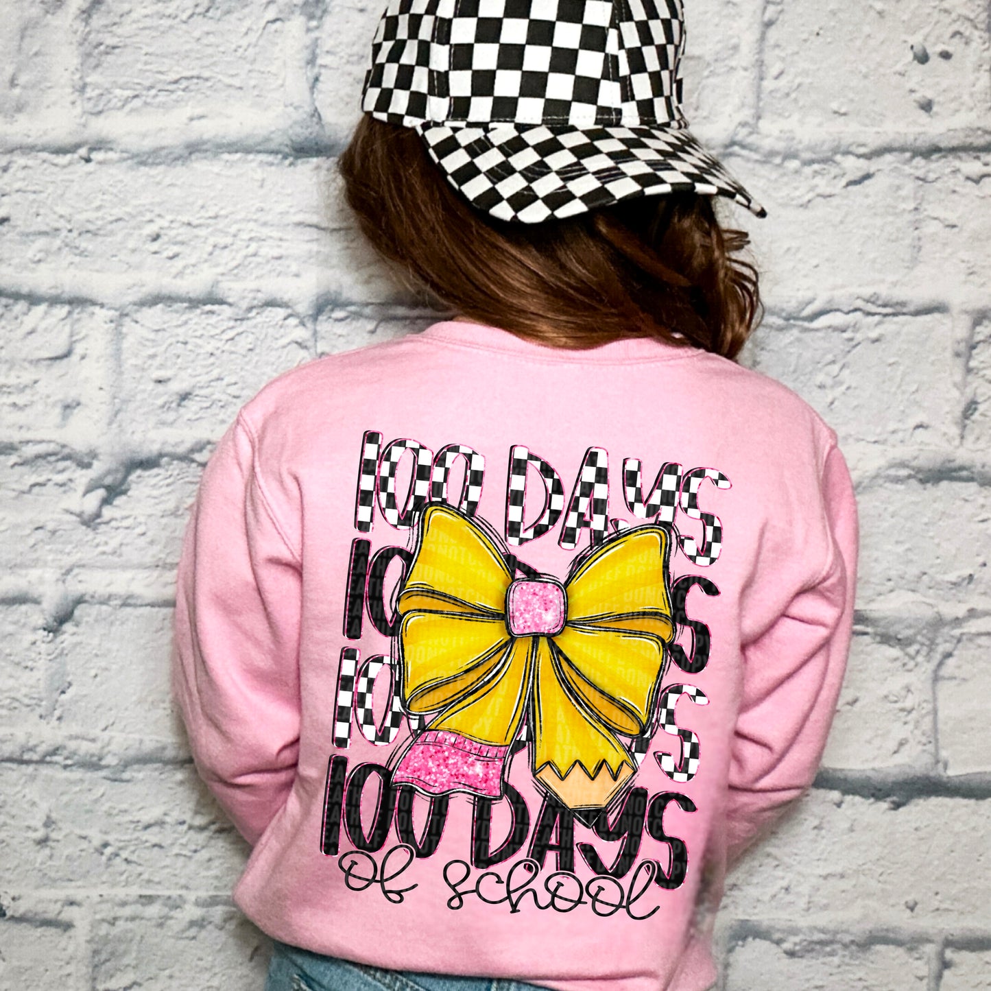 100 Days of School Checkered with Pencil Bow - TRANSFER (SDD)