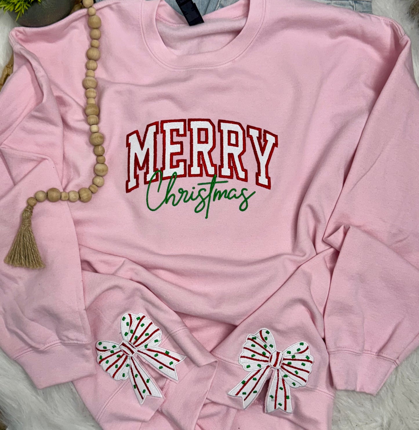 Merry Christmas cake side bows - EMBROIDERED