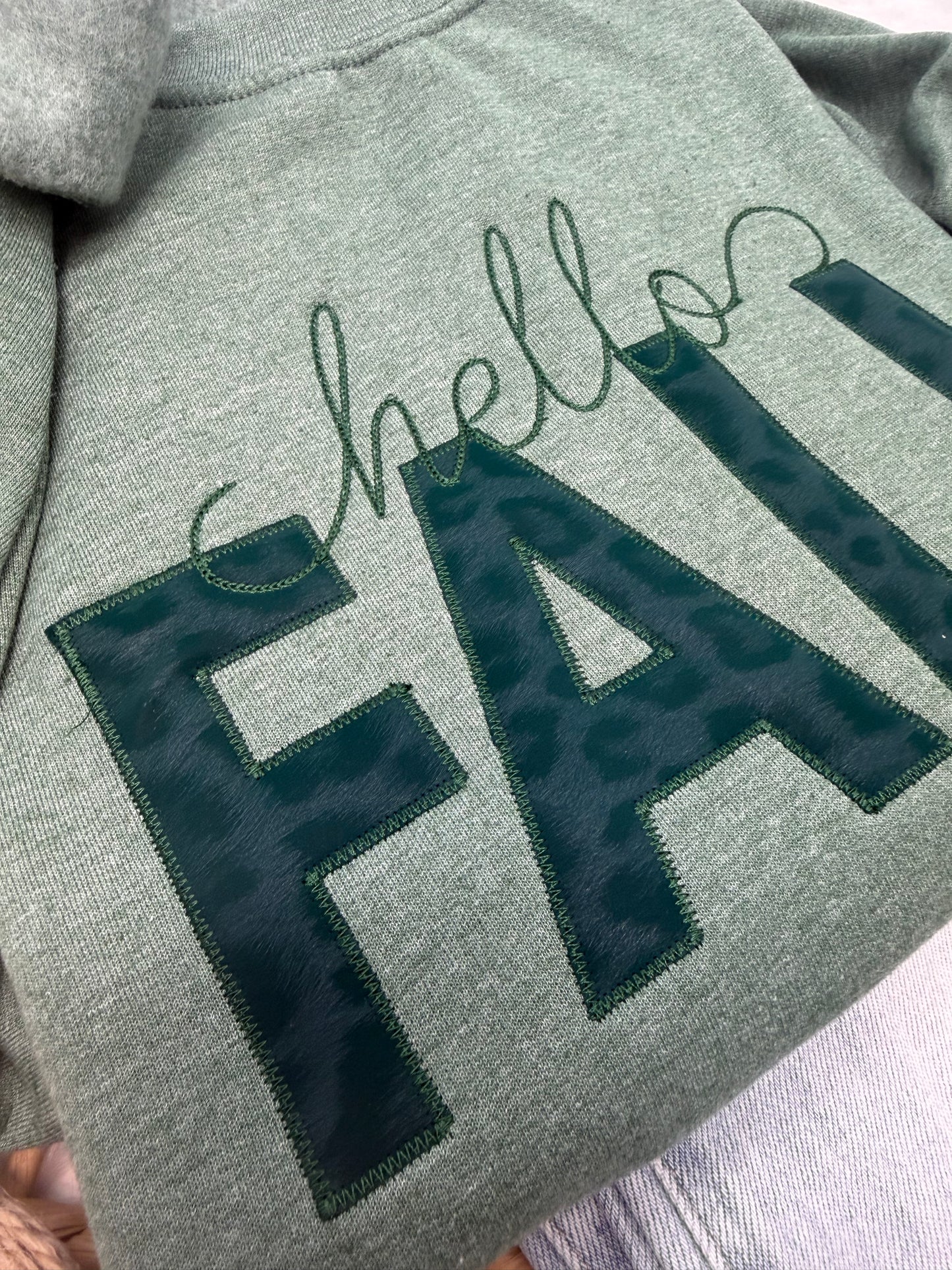 Hello Fall Faux Leather Leopard -EMBROIDERED SWEATSHIRT