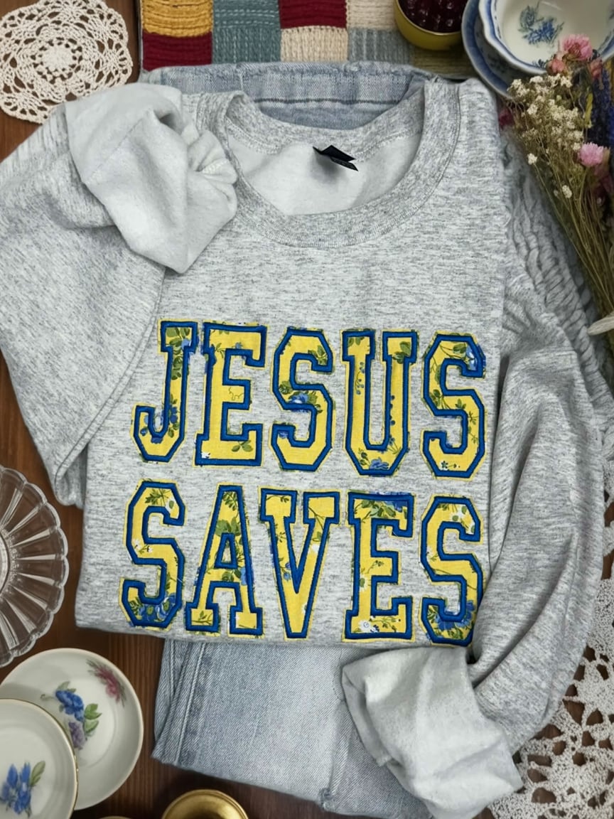 Jesus Saves Yellow Floral Fabric - Embroidered