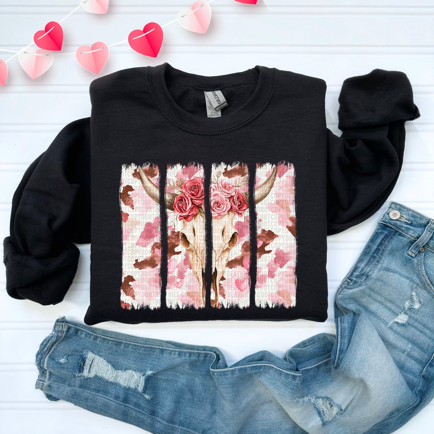 Valentine Western Cow Skull wth Flowers - TRANSFER (SDD)