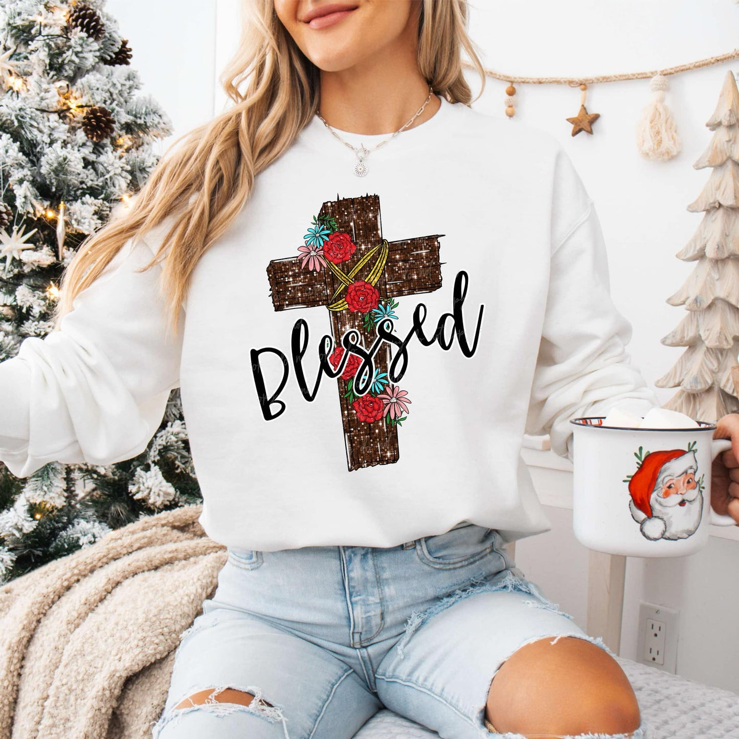 Cursive Blessed Cross with Flowers - TRANSFER (VD)