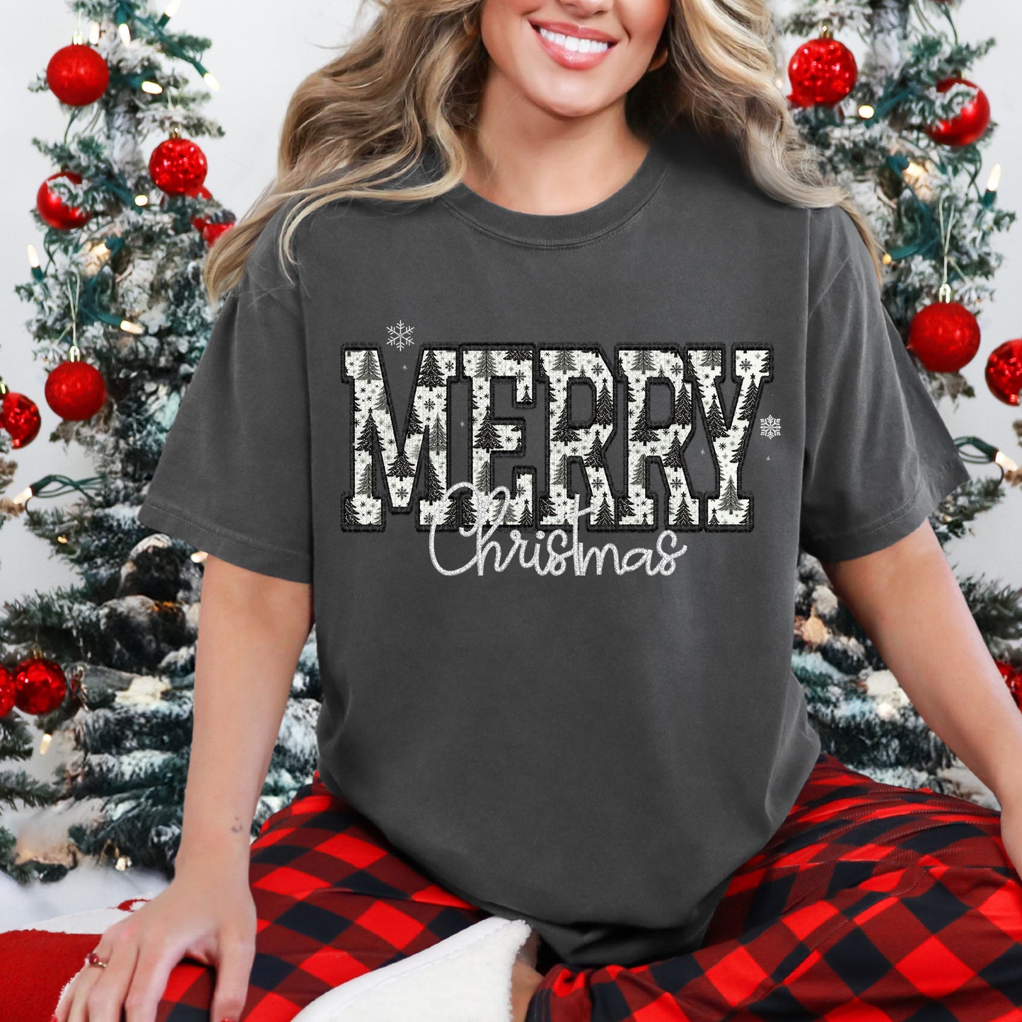 Merry Christmas Faux Embroidery - TRANSFER (TGG)