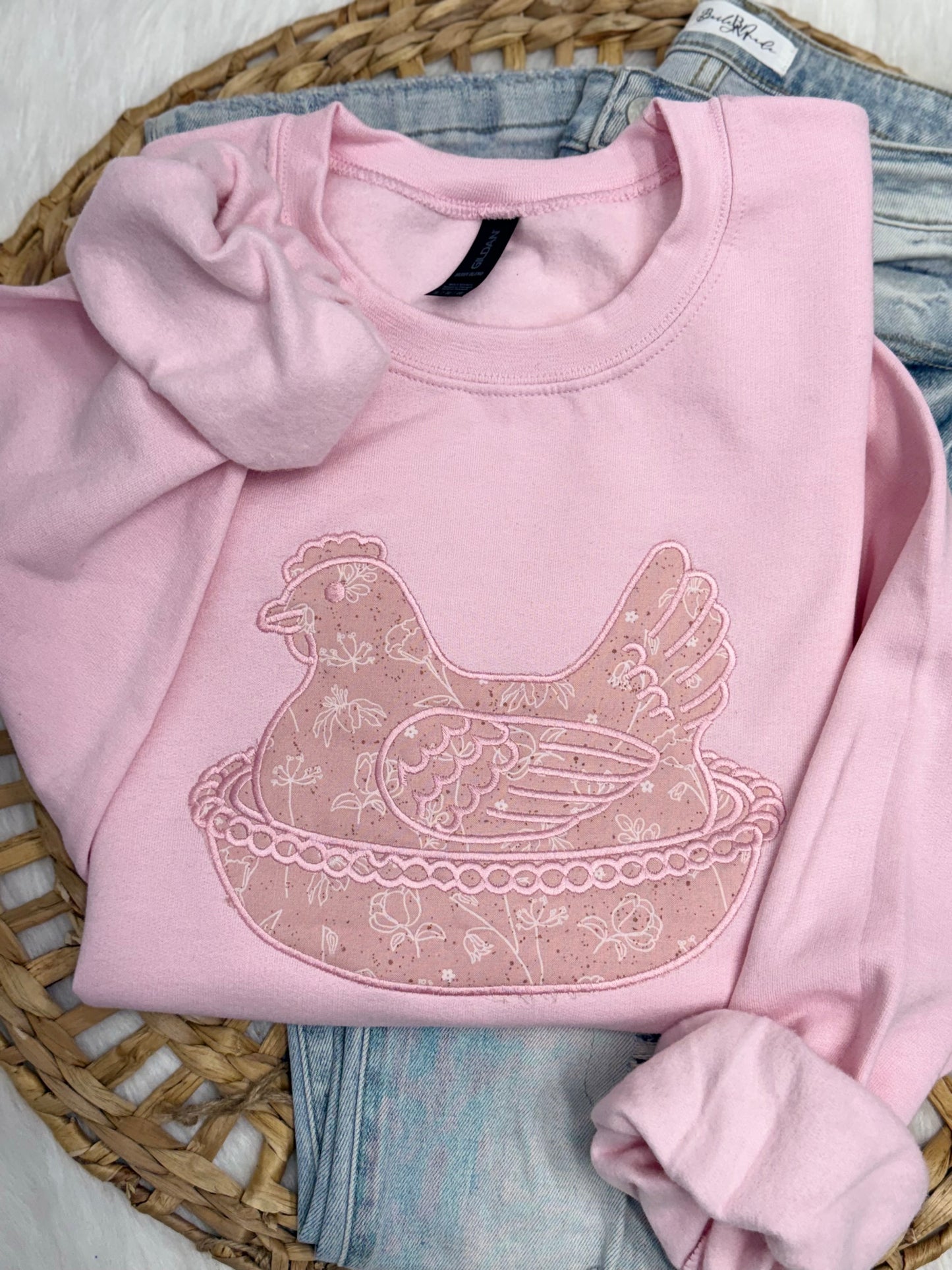 PINK Hen on a nest - Embroidered