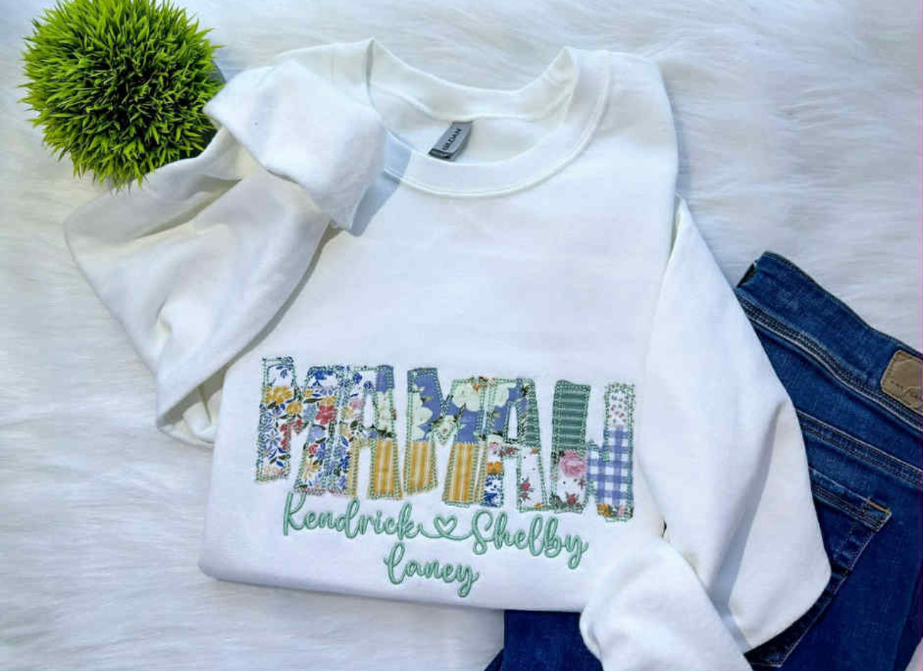 CUSTOM blue floral patchwork fabric raggy- EMBROIDERED SWEATSHIRT