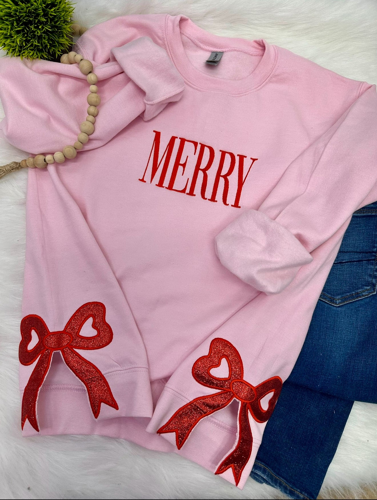 Light Pink Merry, Red Bow - EMBROIDERED
