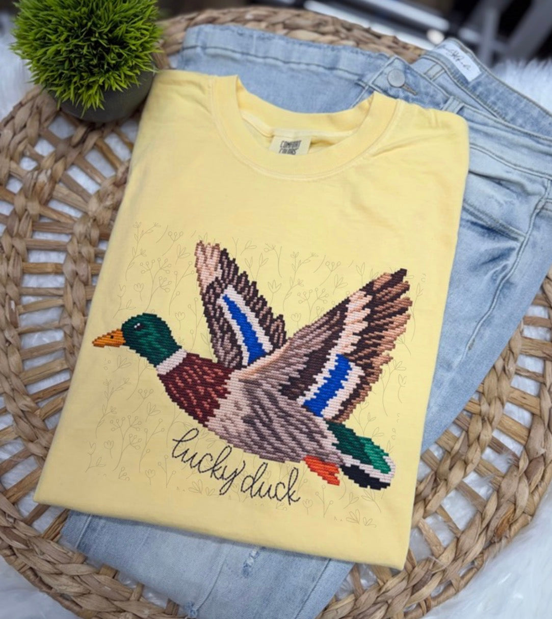Lucky Duck Faux Needlepoint| Butter- COMPLETED TEE