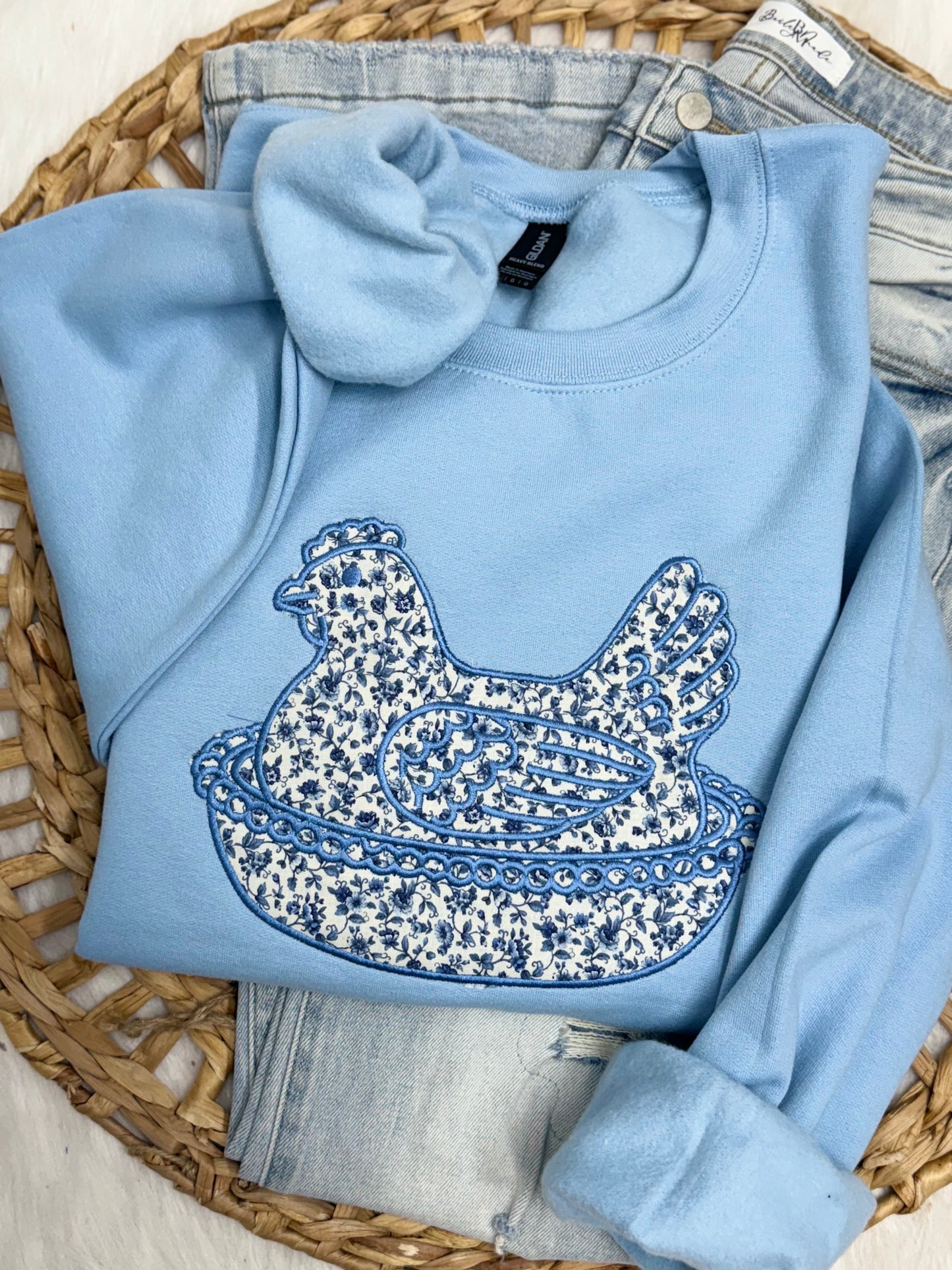 Blue Floral Hen On A Nest - Embroidered