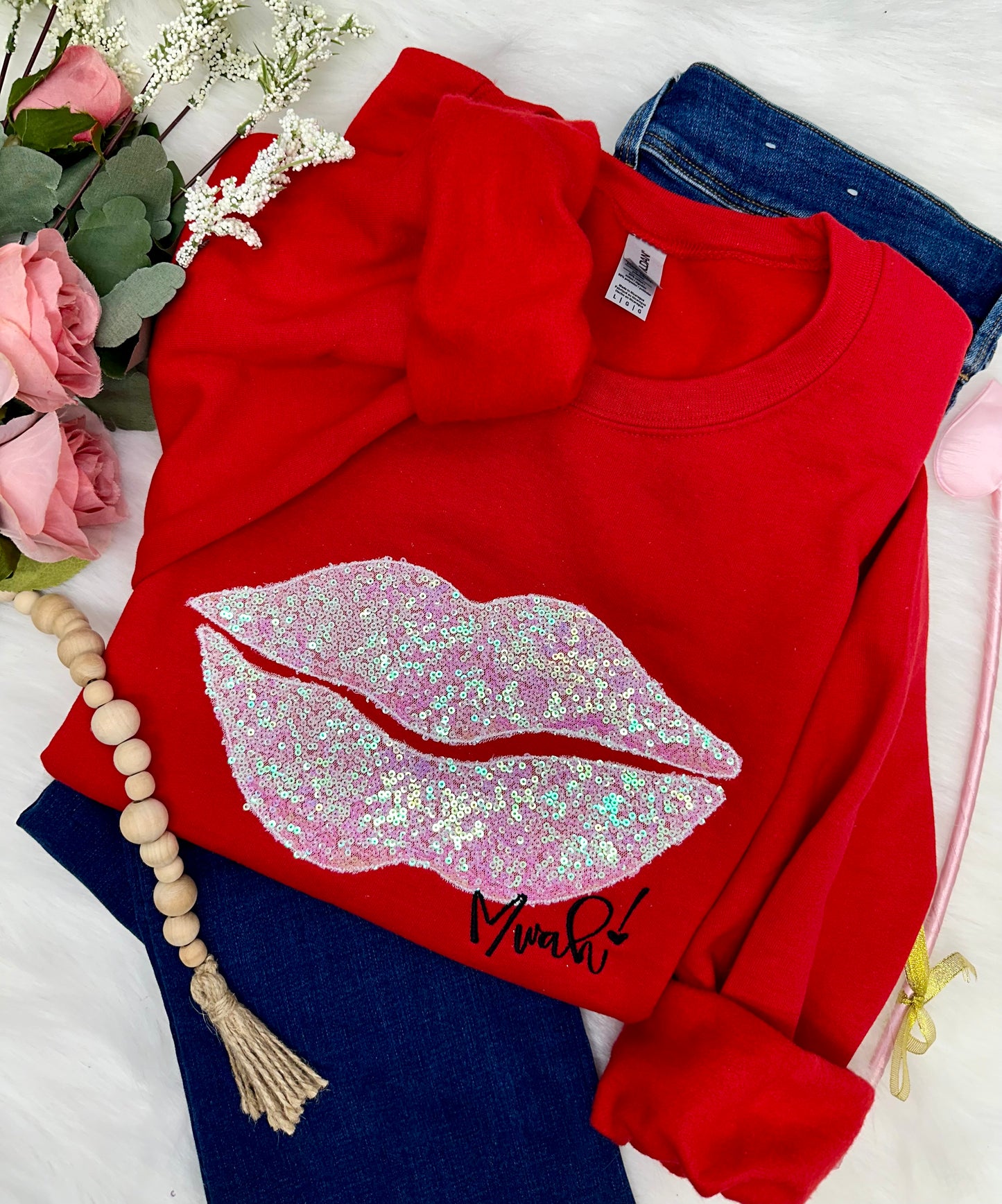 Red with white iridescent sequins pucker - EMBROIDERED