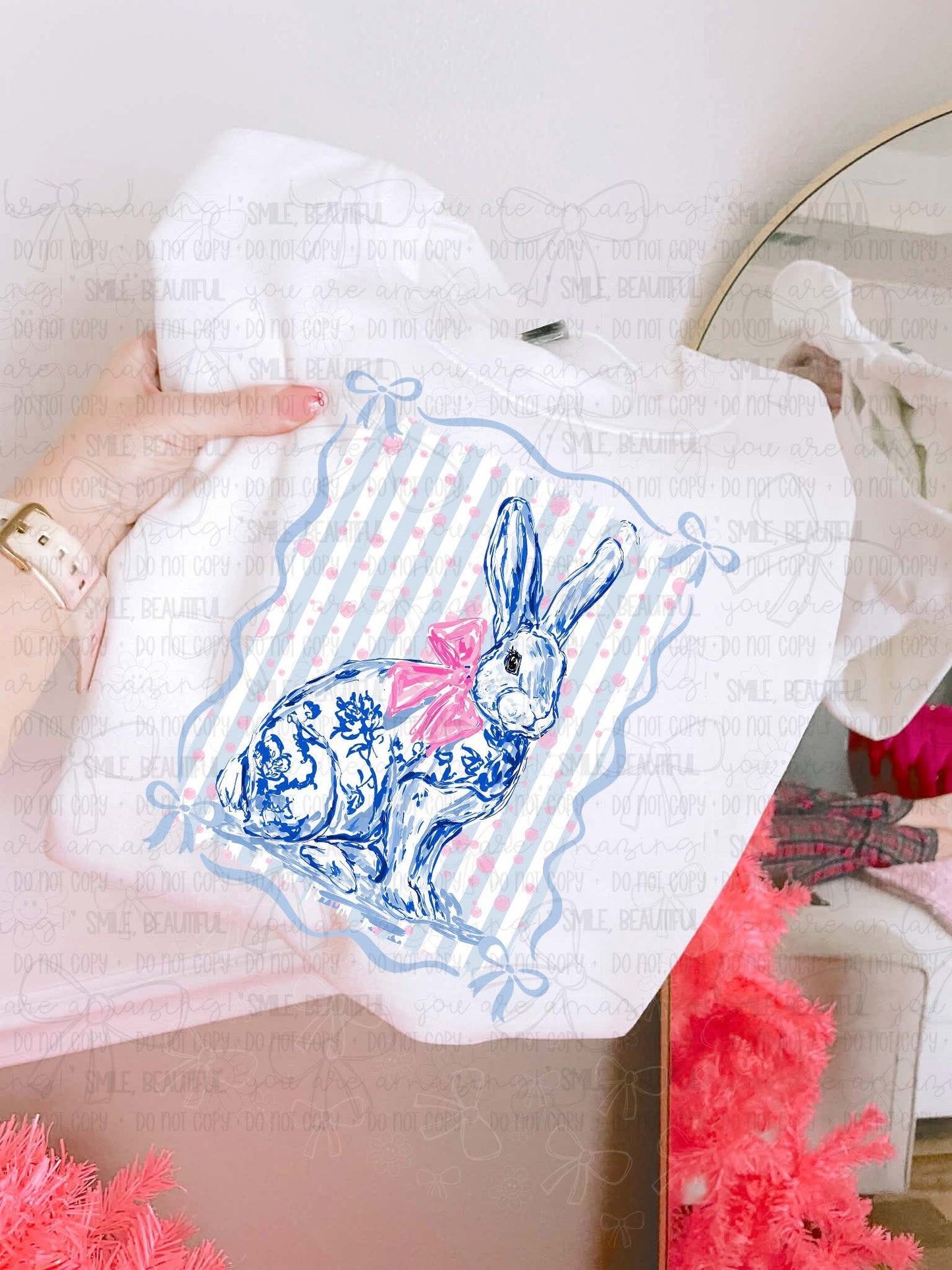 Floral Bunny With Bow Border/Blue Bkgrnd - TRANSFER (CC)