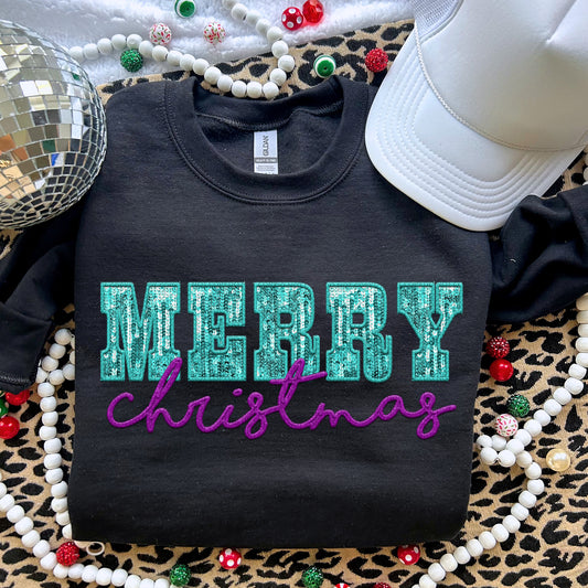 Merry Christmas Aqua Purple Sequins - TRANSFERS (RT)