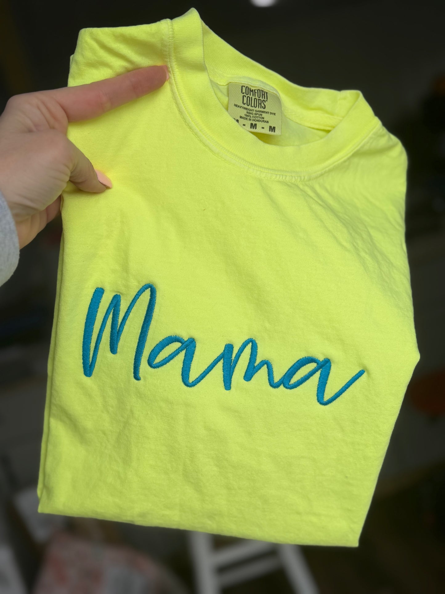 RTS Medium Neon Yellow with Ocean thread Mama -  Tshirt