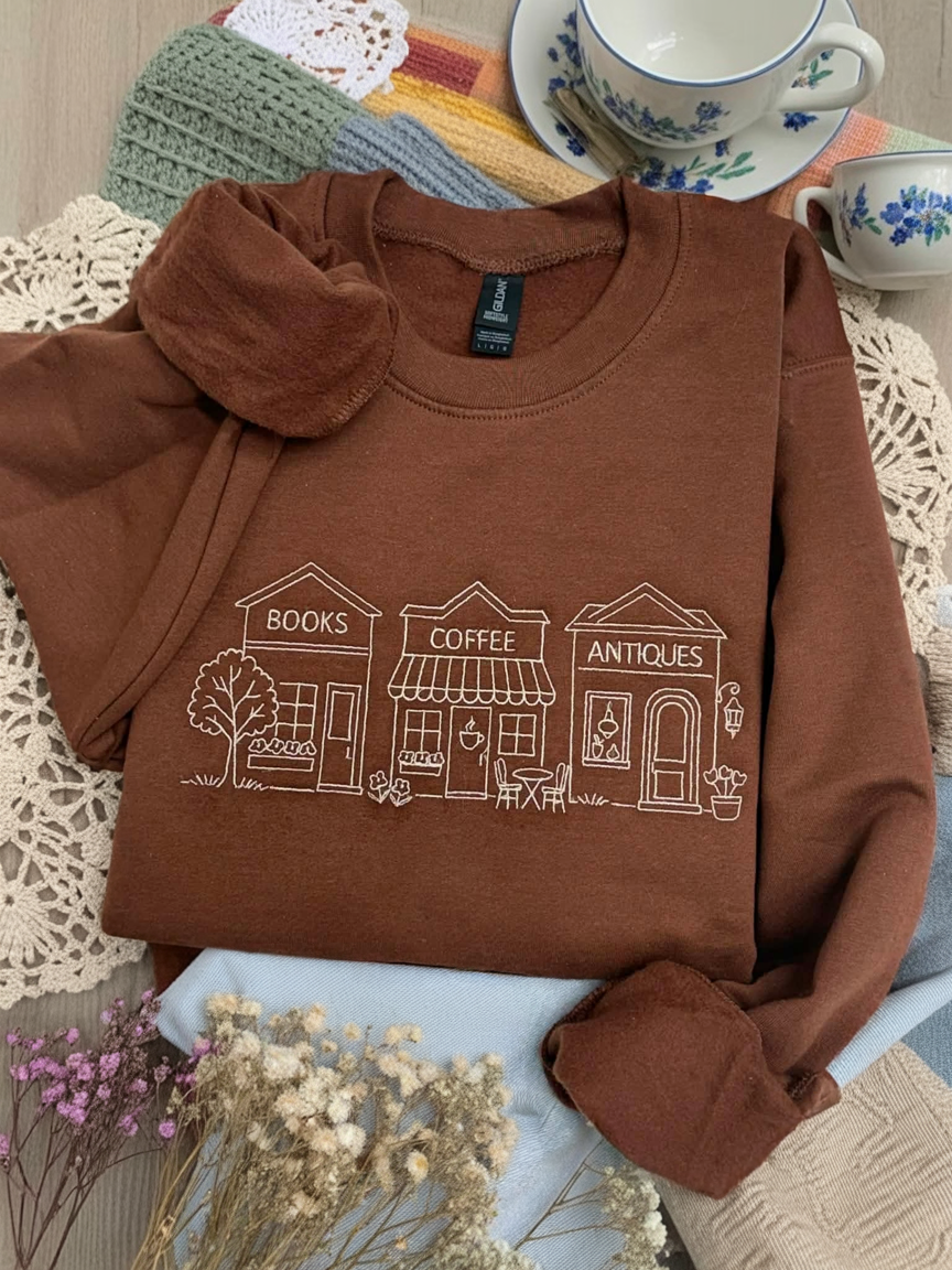 Books, Coffee, Antiques  -EMBROIDERED SWEATSHIRT