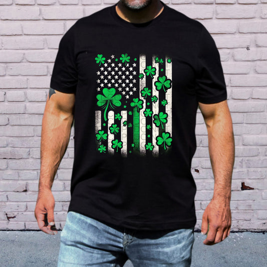 USA Flag with Scattered Clovers and Single Green Stripe St. Patrick's Day - TRANSFERS (CF)
