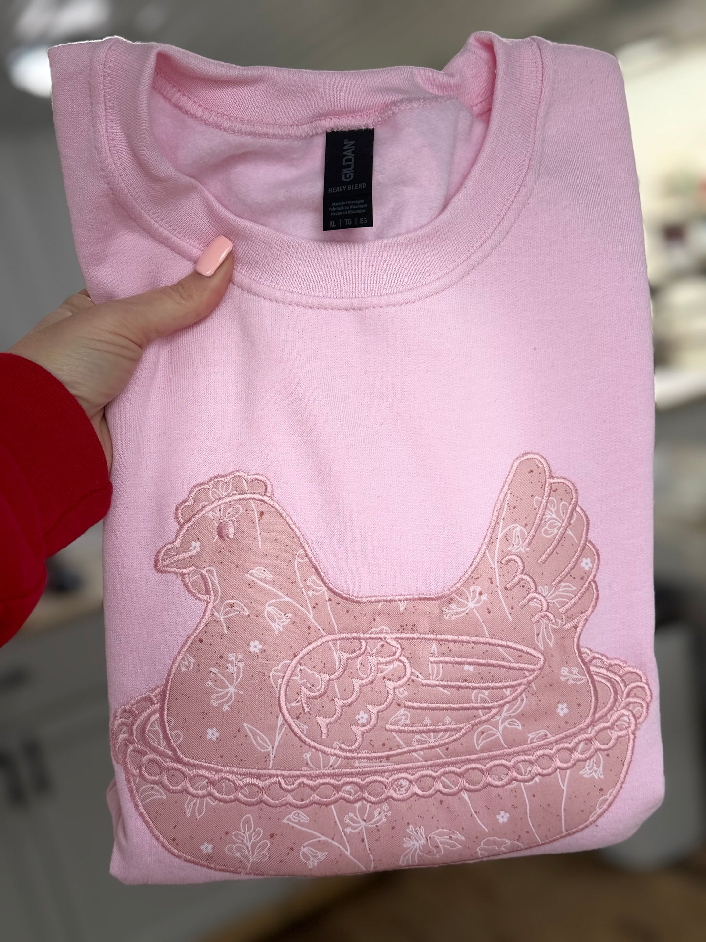 Pink hen on nest  sweatshirt- SIZE XL