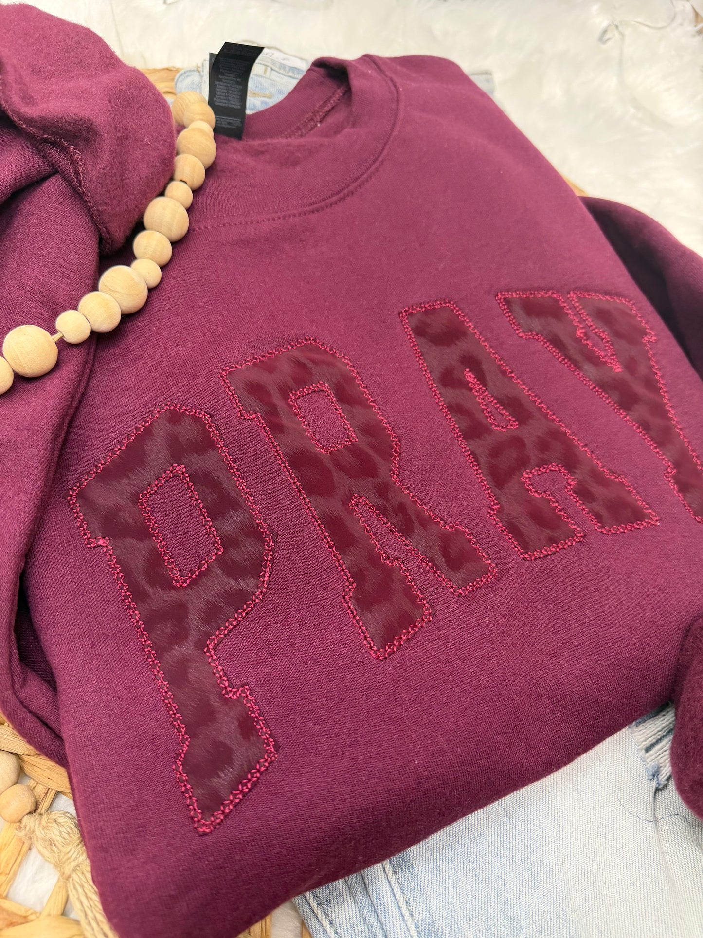Pray Faux Leather Leopard -EMBROIDERED SWEATSHIRT