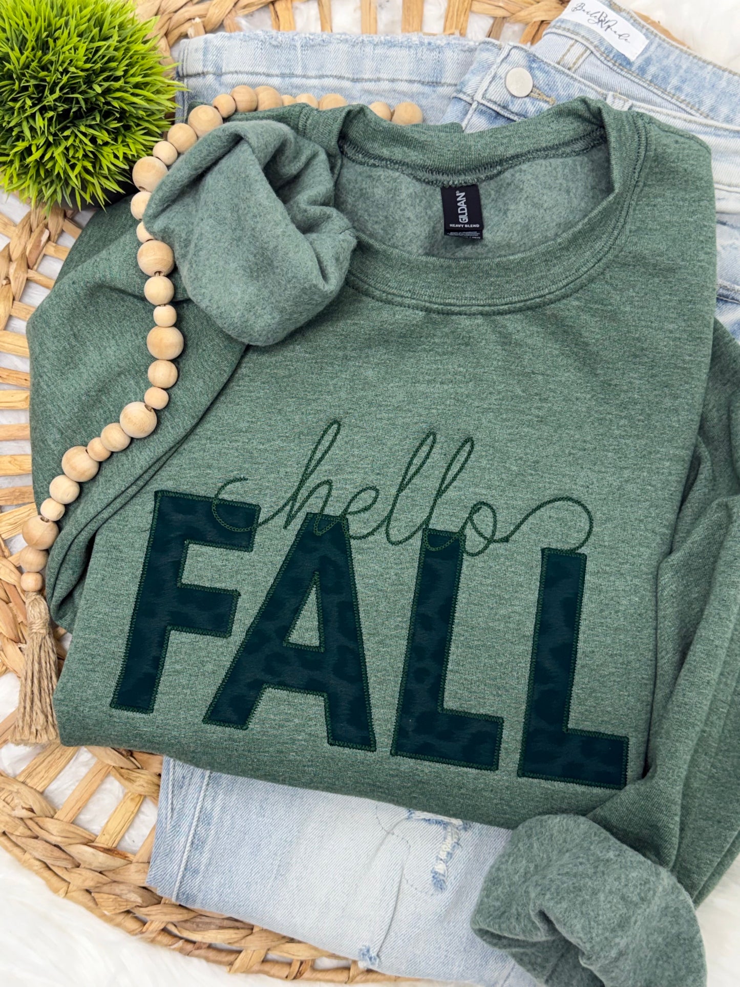 Hello Fall Faux Leather Leopard -EMBROIDERED SWEATSHIRT