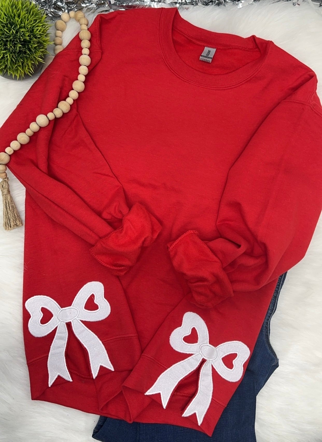 Red sweatshirt, White bows embroidered- BLANK CHEST