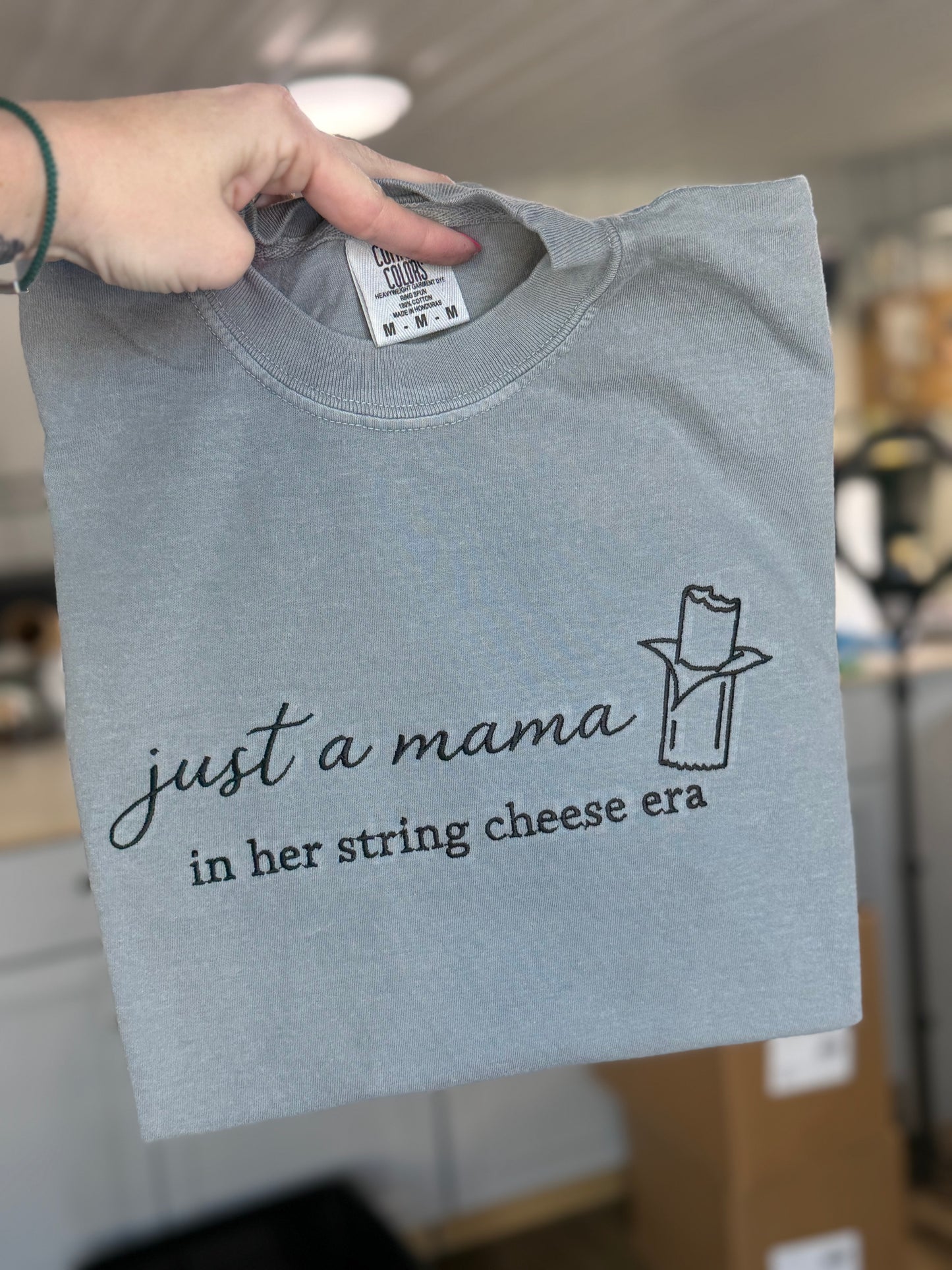 Just A mama In Her String Cheese TSHIRT - Embroidered