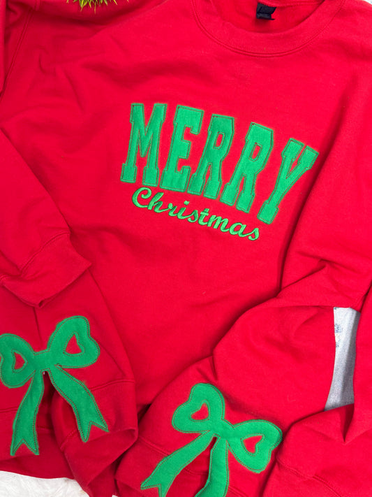 Merry Christmas raggy with embroidered side bows- EMBROIDERED