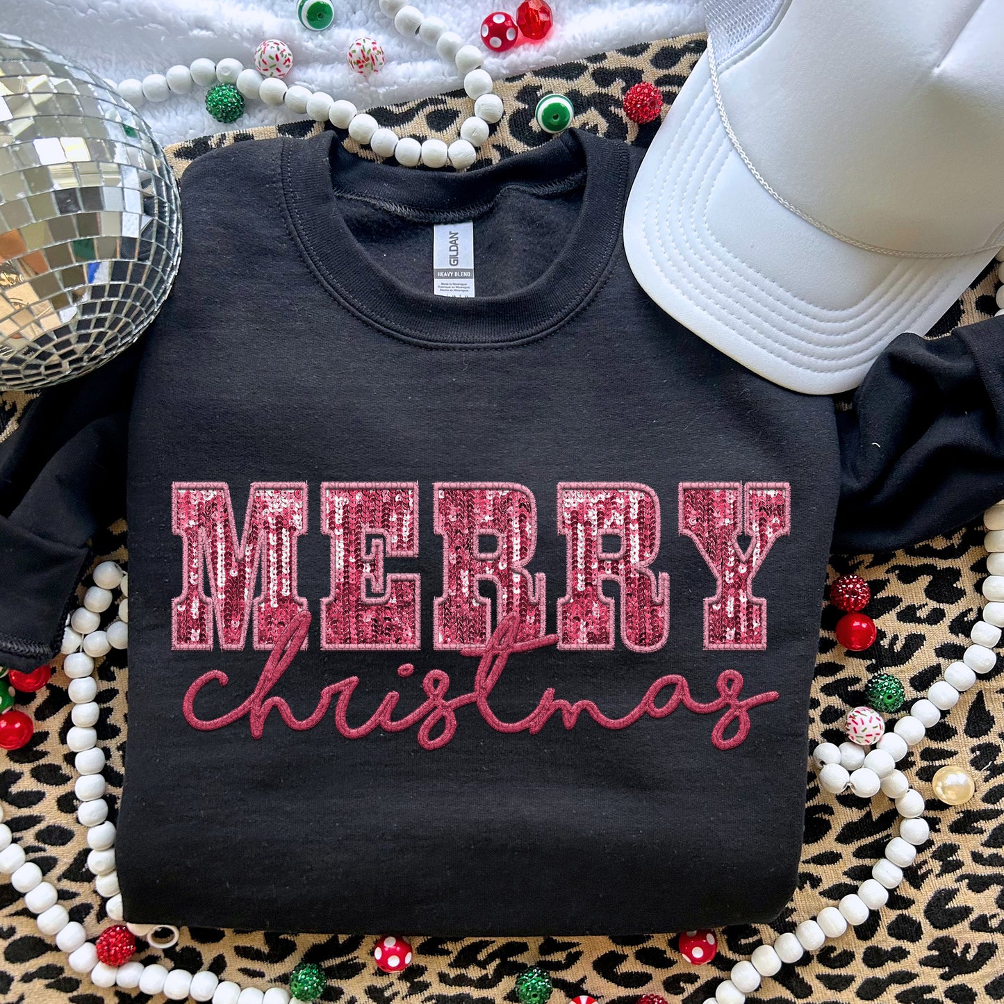 Merry Christmas Pink Sequin - TRANSFERS (RT)