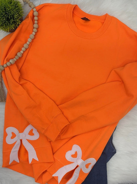 Safety Orange Sweatshirt, White Bows embroidered- BLANK CHEST