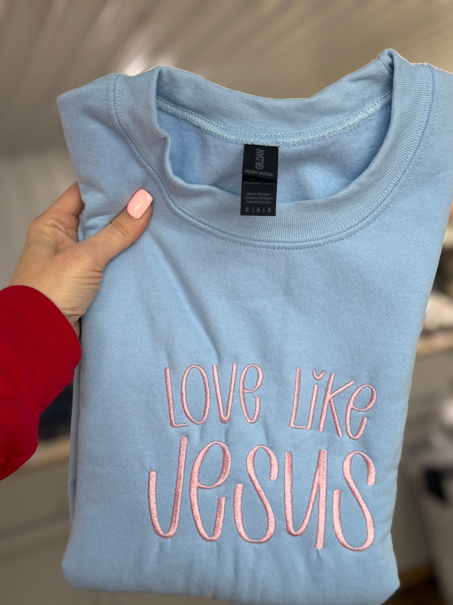 Love like Jesus blue/pink thread sweatshirt- SIZE MEDIUM