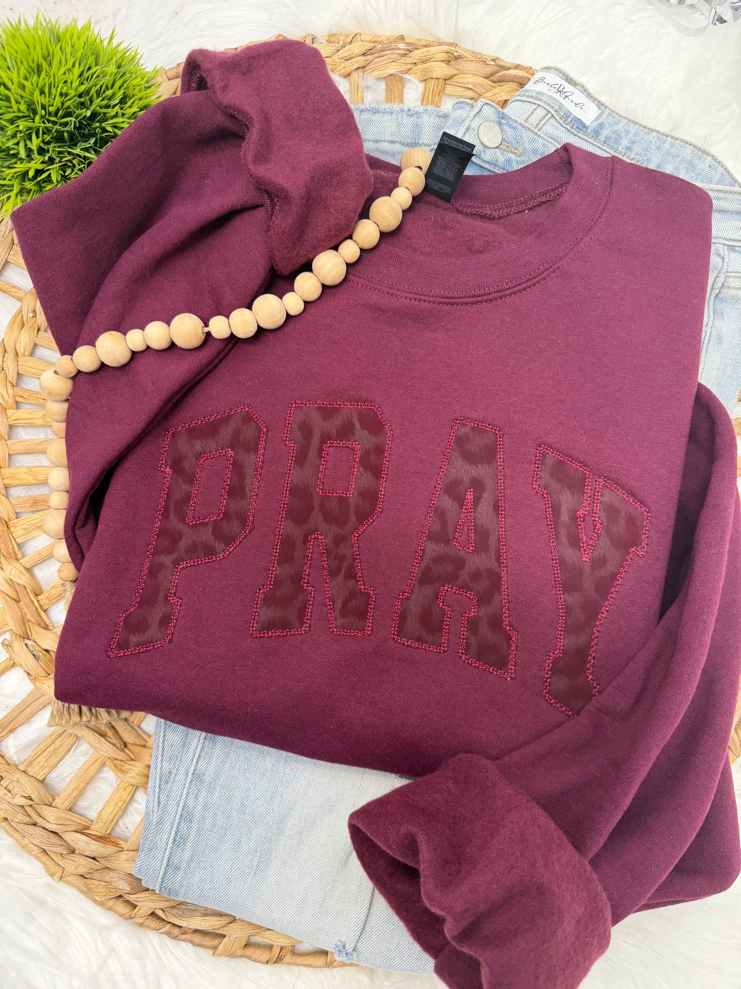 Pray Faux Leather Leopard -EMBROIDERED SWEATSHIRT