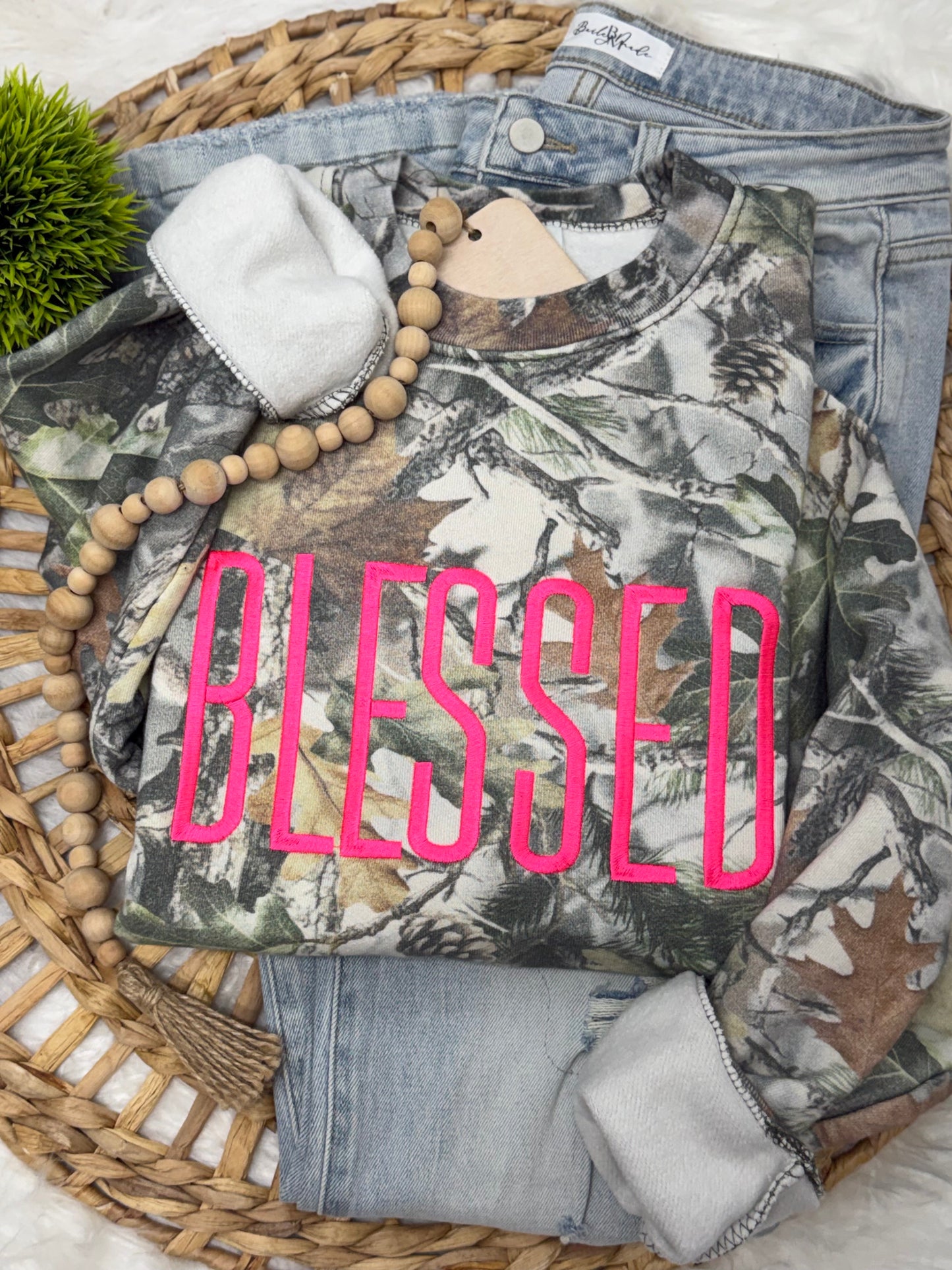Camo BLESSED Sweatshirt - Embroidered