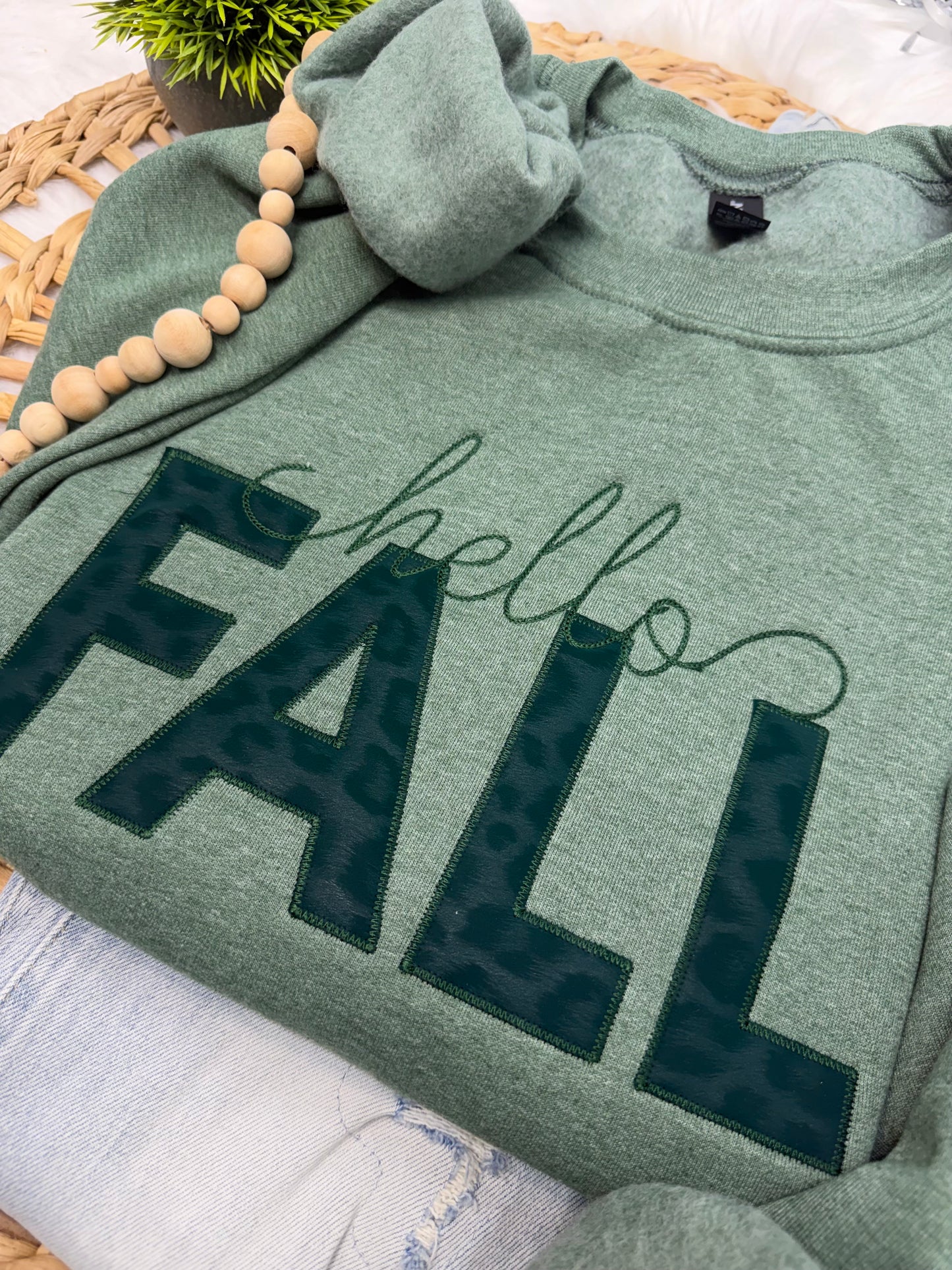 Hello Fall Faux Leather Leopard -EMBROIDERED SWEATSHIRT