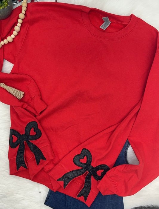 Red Sweatshirt, Black Bows embroidered- BLANK CHEST