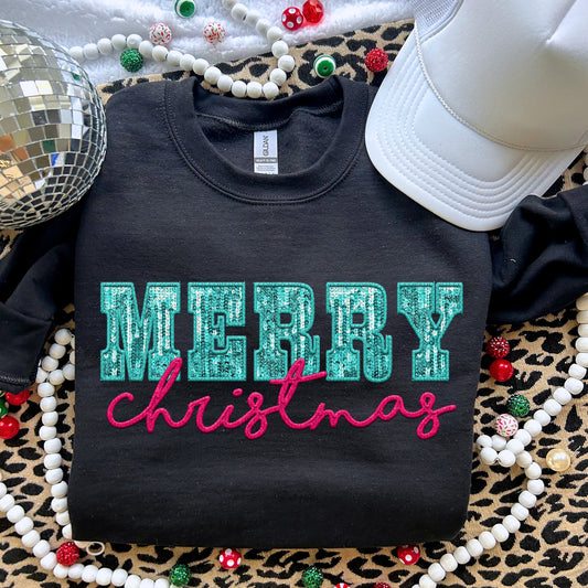 Merry Christmas Aqua Pink Sequins - TRANSFERS (RT)