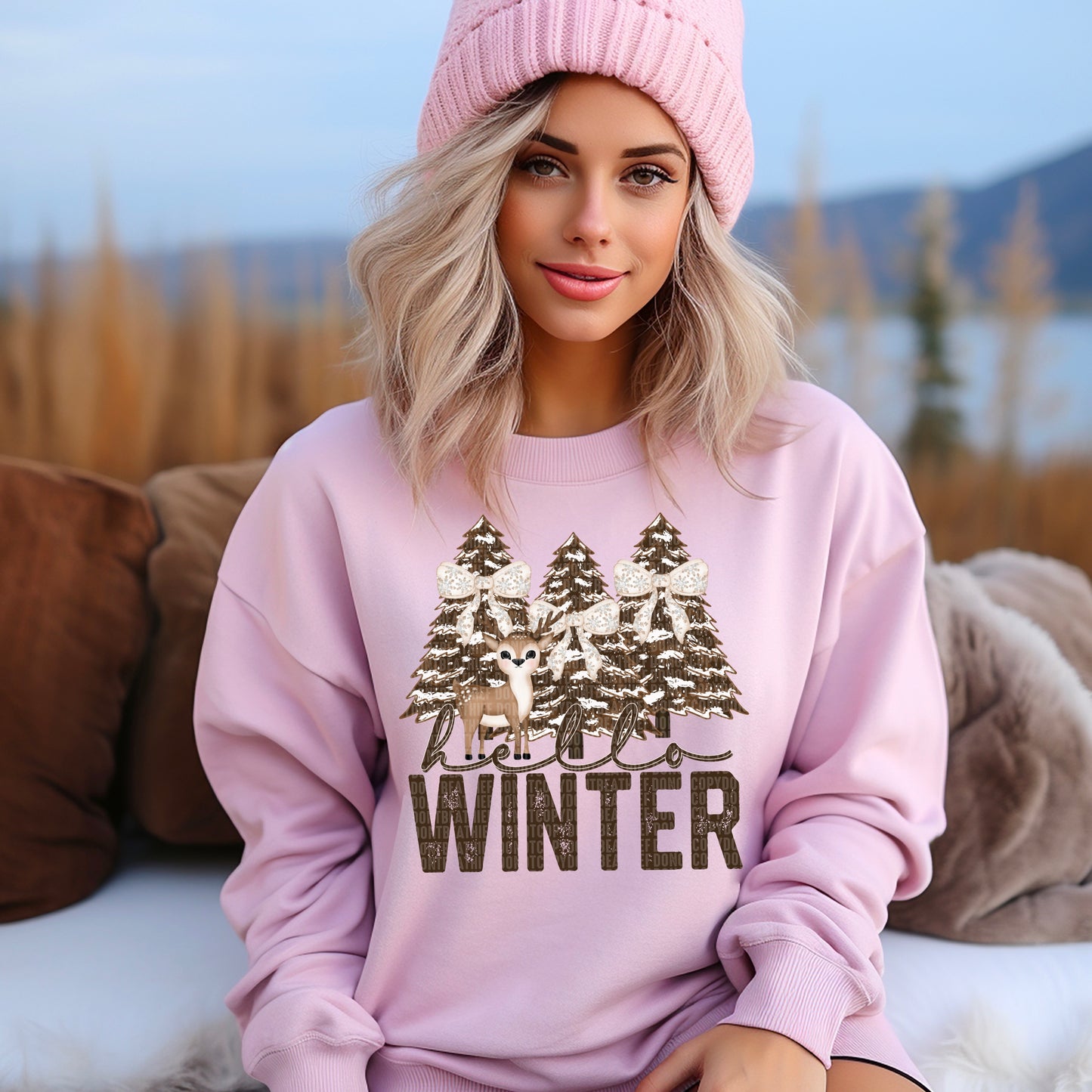Hello Winter Deer with Trees and Bows - TRANSFER (SDD)