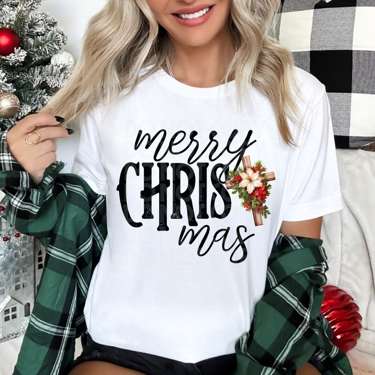 Merry Christmas Cross with Flowers - TRANSFERS (DD)