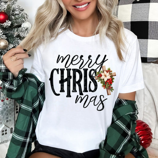 Merry Christmas Cross with Flowers - TRANSFERS (DD)