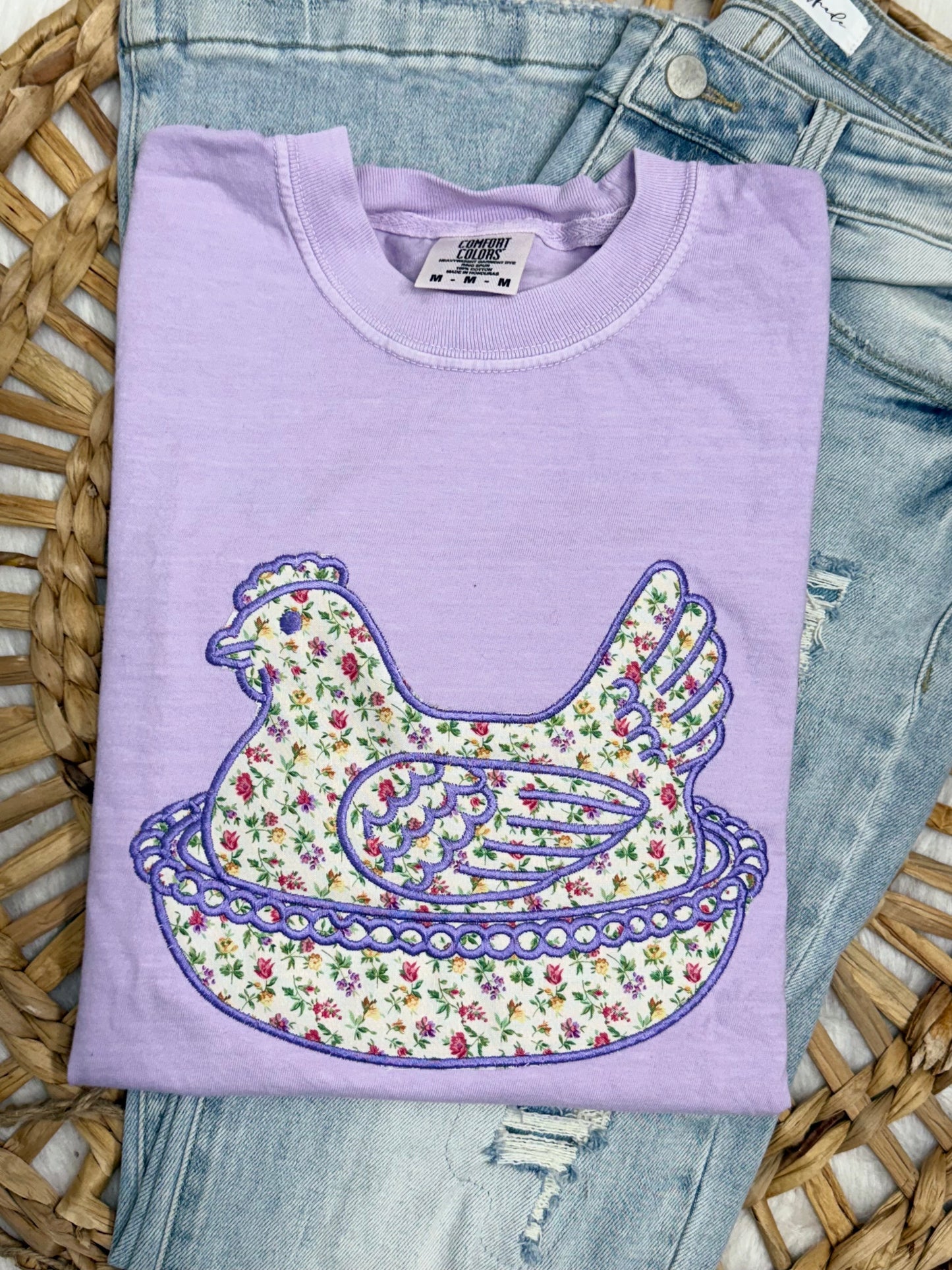 Spring Floral Hen On A Nest TSHIRT - Embroidered