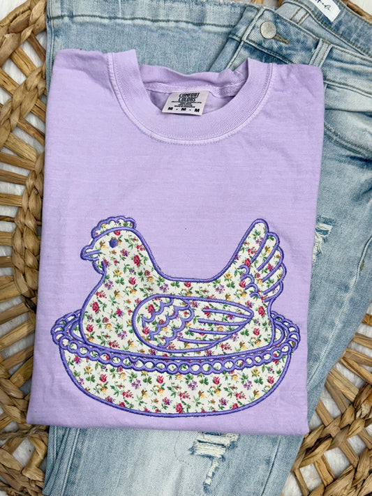 Spring Floral Hen On A Nest TSHIRT - Embroidered