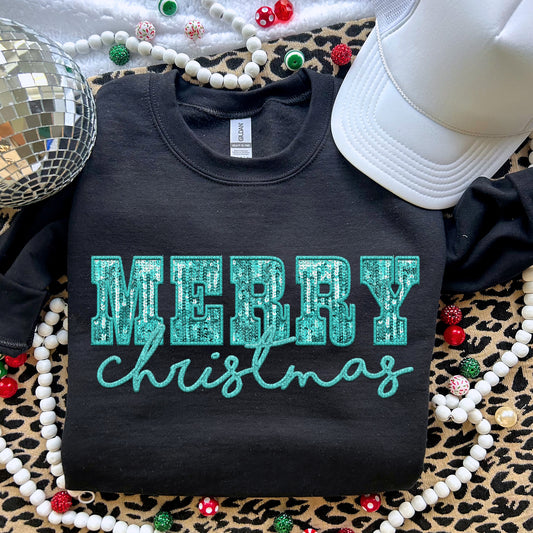 Merry Christmas Aqua Sequins- TRANSFERS (RT)