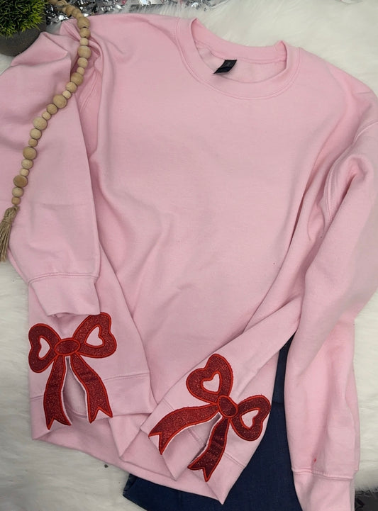 Light Pink Sweatshirt, Red Bows embroidered- BLANK CHEST