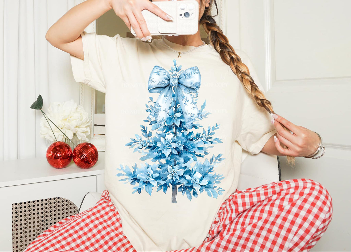 Blue Christmas Tree with Bow - TRANSFER (L)