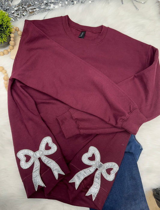 Maroon Sweatshirt, Silver Bows embroidered- BLANK CHEST