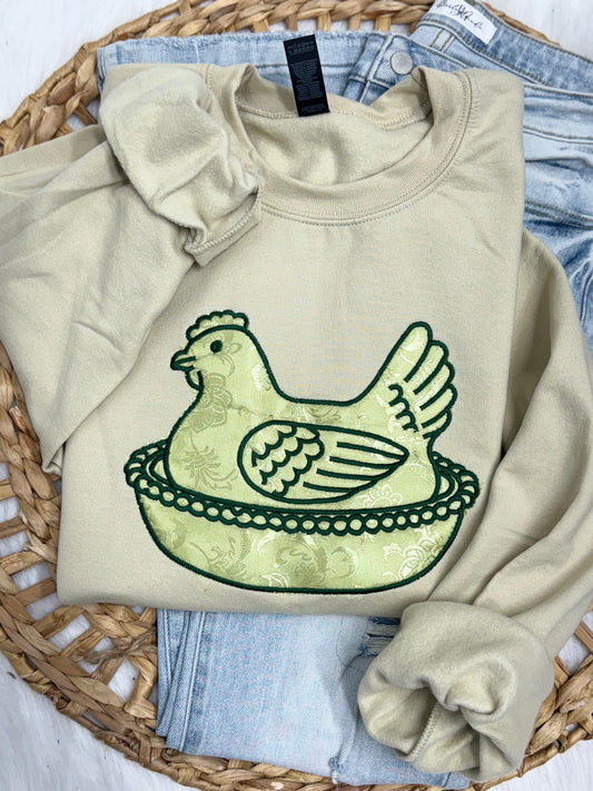 Sand/Green Hen on a nest - Embroidered