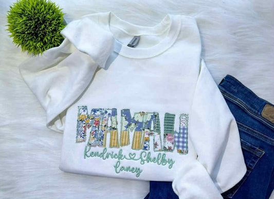 CUSTOM blue floral patchwork fabric raggy- EMBROIDERED SWEATSHIRT