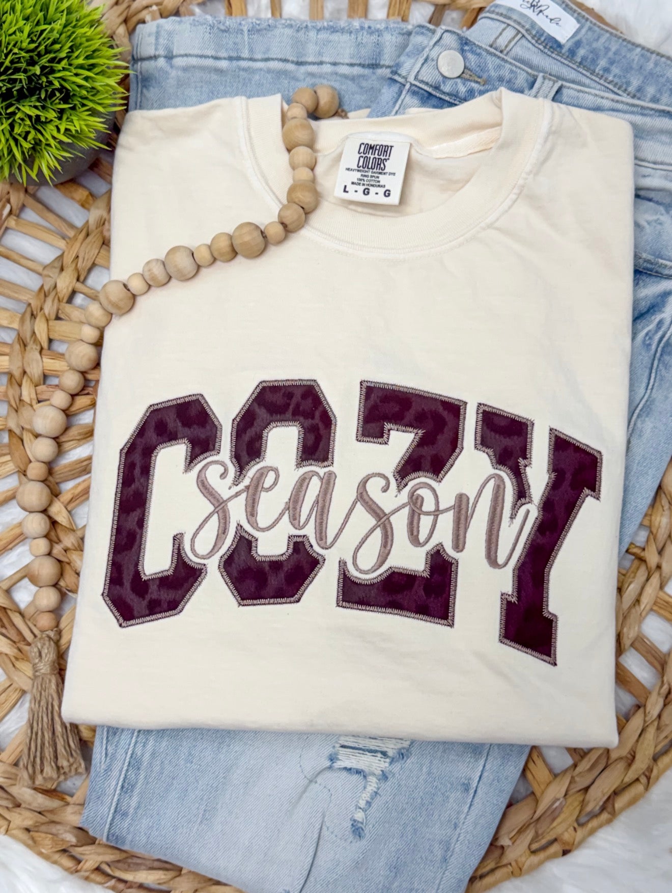 Cozy Season Faux Leather Leopard -EMBROIDERED TSHIRT