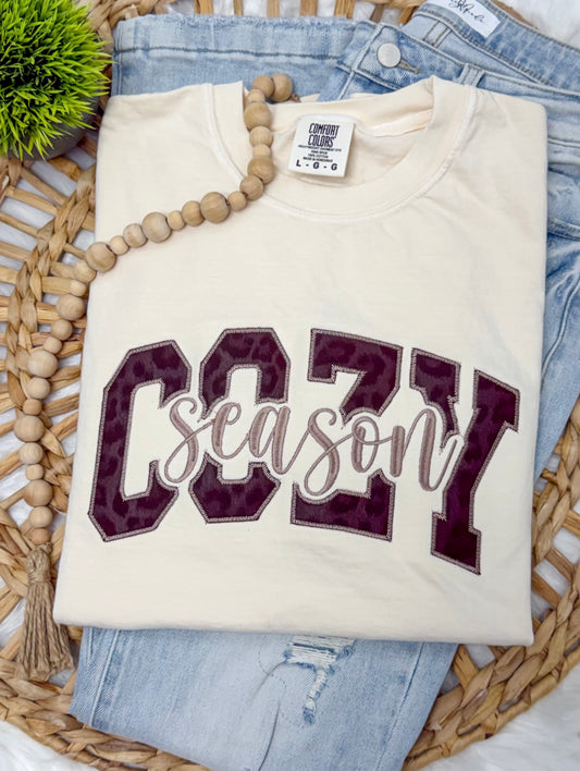 Cozy Season Faux Leather Leopard -EMBROIDERED TSHIRT