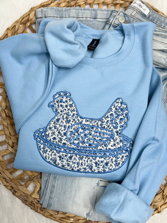 Blue Floral Hen On A Nest - Embroidered