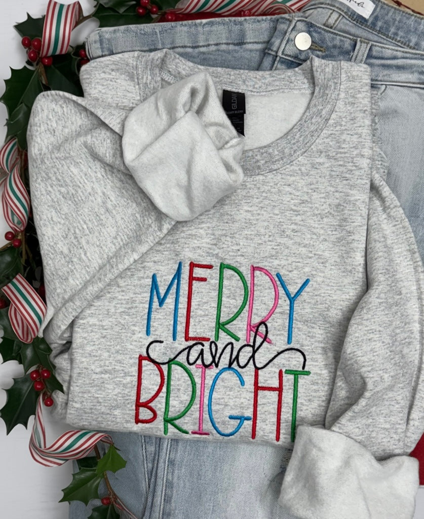 Merry & Bright- EMBROIDERED SWEATSHIRT (Can choose custom sweatshirt and thread color)