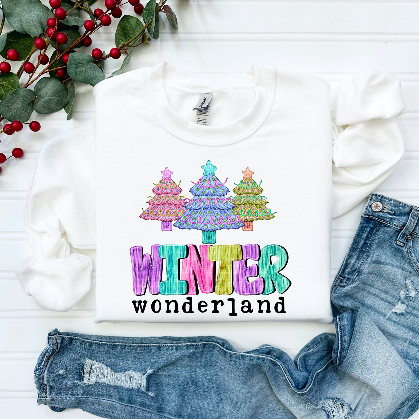 Winter Wonderland Brushstroke Trees Black Letters - TRANSFER (SDD)