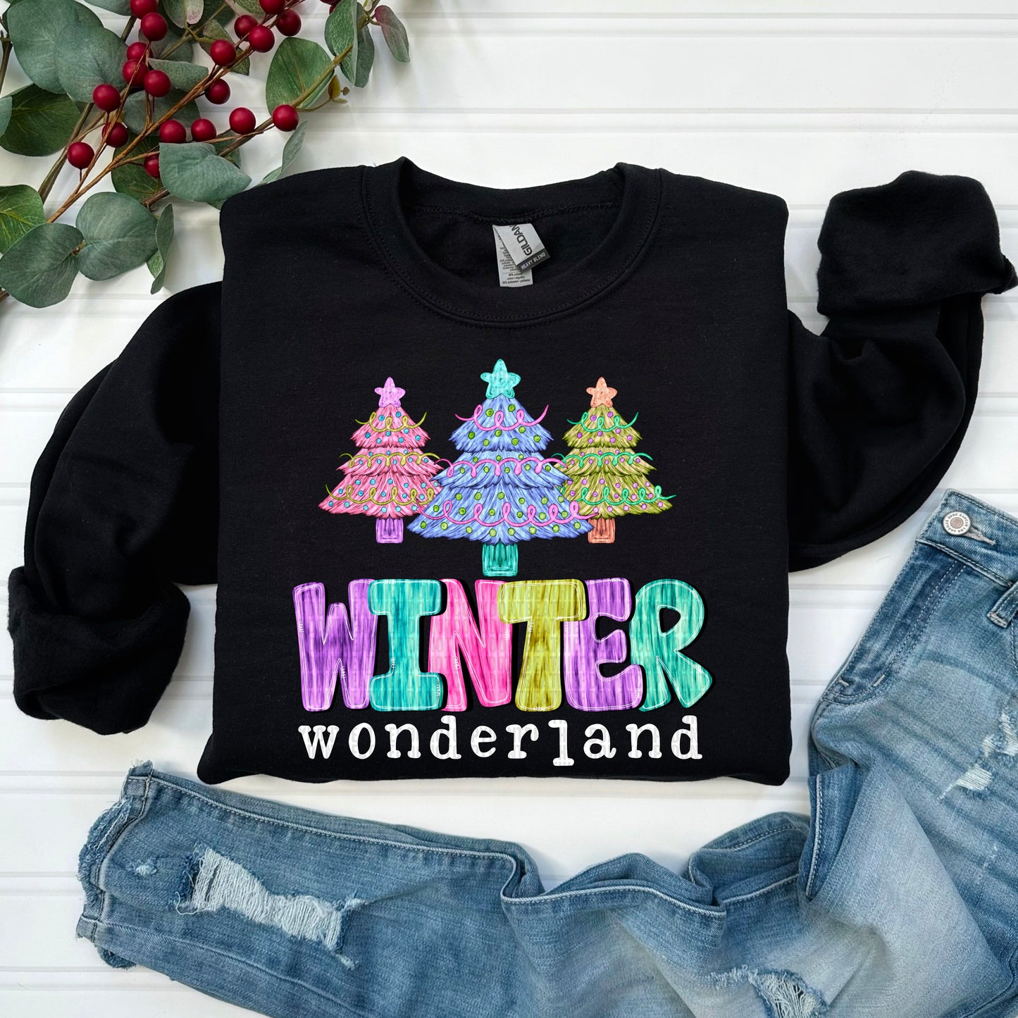 Winter Wonderland Brushstroke Trees White Letters - TRANSFER (SDD)